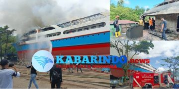 Polres Bitung Bergerak Cepat Amankan lokasi Kebakaran Kapal Uki Raya 23 di Galangan PT Patemang
